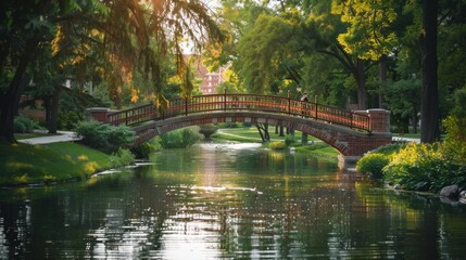 Brick Bridge Over a Calm Pond in a Lush Park.