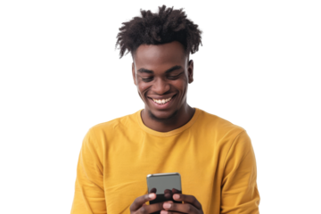 Young man smiling while looking at mobile phone Isolated on white background