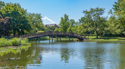 Wooden Bridge Over Pond in Park.