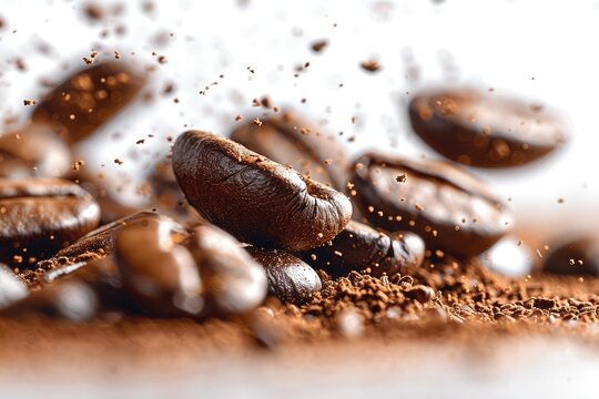 Close-up shot of coffee beans with dynamic motion, showing rich texture and detail. Perfect for backgrounds, food blogs, and marketing materials.