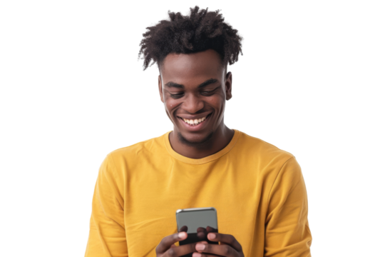 Young man smiling while looking at mobile phone Isolated on white background