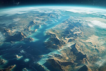Stunning aerial view of a rugged alien terrain featuring mountains, valleys, and expansive bodies of water under a clear sky.