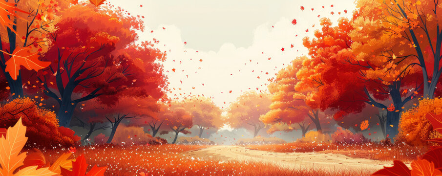 Fototapeta vector illustration, Beautiful autumn park, Large trees with yellow and orange autumn leaves falling