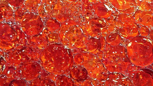 Dynamic red and orange bubbles swirling in liquid