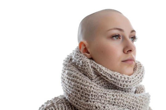 Young hairless woman in winter clothing, cozy and warm expression. Isolated on white background