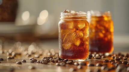 Iced coffee in glass jars filled with ice cubes, surrounded by coffee beans, with a blurred background. Refreshing and invigorating beverage.