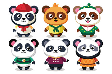 Fototapeta premium Six Cute Cartoon Pandas Wearing Different Outfits