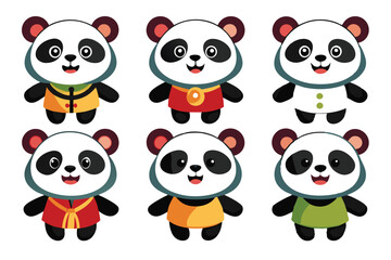 Obraz premium Six Adorable Cartoon Pandas Dressed in Different Outfits