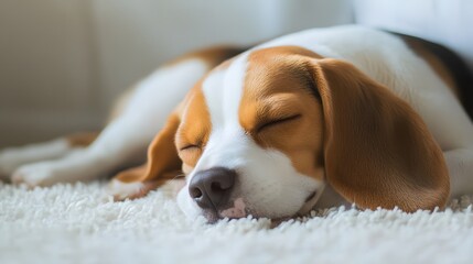 A sleeping Beagle dog on a white carpet, close-up view, eyes closed, floppy ears, brown and white fur, peaceful expression, white wall background.