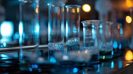 Laboratory Glassware with Blue Liquid and Bokeh.