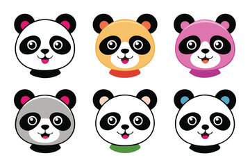 Six Cartoon Panda Faces with Different Fur Colors