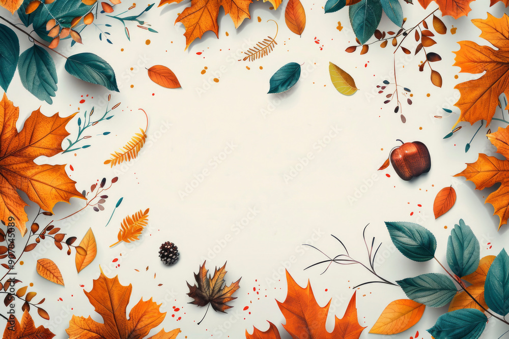 Poster vector illustration, frame of autumn leaves and berries on a white background with empty space for t