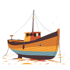 Wooden fishing boat docked beach, isolated white background. Colorful vessel front view, orange, blue, brown, chains, ropes. Classic maritime design, small cabin, porthole anchor