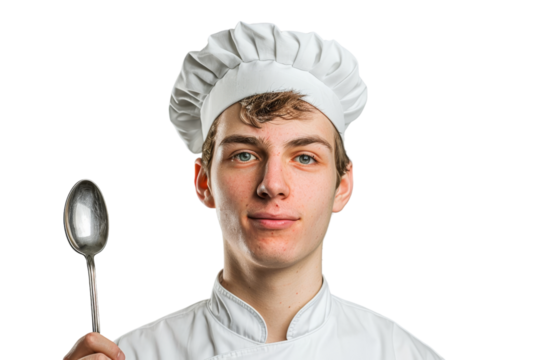 Young chef in a toque holding a spoon, isolated on white background