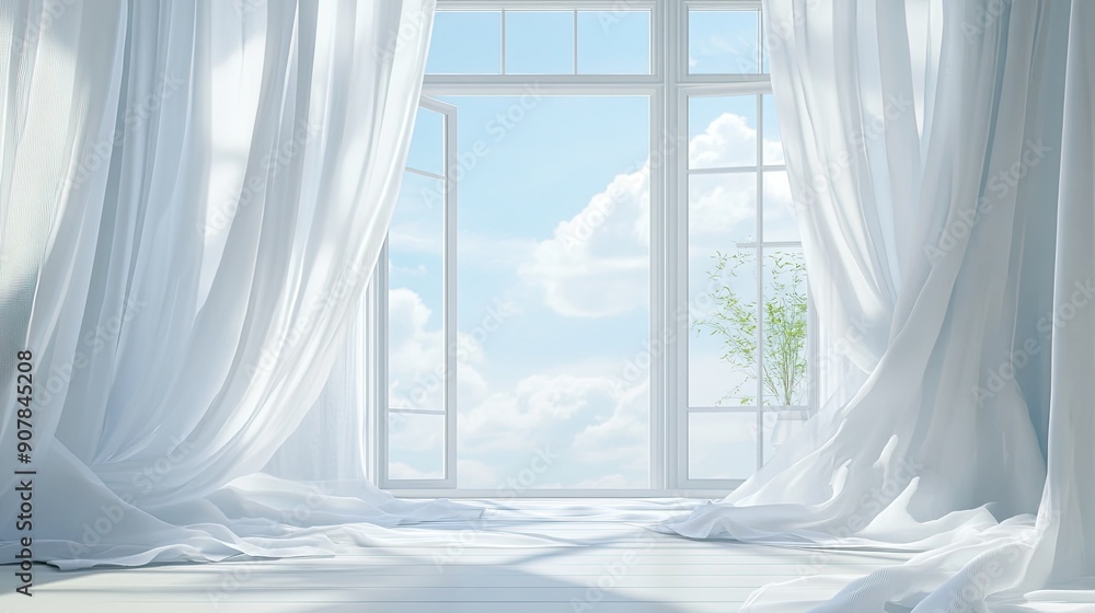 Poster white curtains fluttering by an open window, emphasizing the breezy and tranquil setting