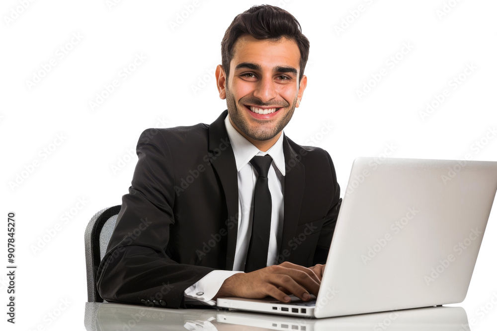 Poster young businessman smiling while using laptop isolated on white background