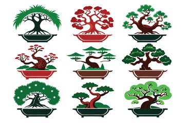 Collection of Nine Diverse Bonsai Trees in Pots