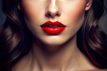 Vibrant red lips with subtle shine and delicate curves, accentuated by gentle natural light, exude confidence and beauty in a striking close-up portrait.