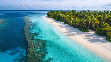 Fototapeta premium Aerial view of tropical island, turquoise ocean, white sandy beach, lush palm trees, crystal clear water, coral reef visible underwater, paradise destination, bird's eye perspective.