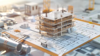 Generate a photo realistic image of a construction project featuring a detailed budget report with financial charts and cost estimations; ensure the image is of high resolution for clear 