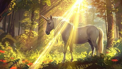 Enchanted white unicorn in sunlit forest clearing