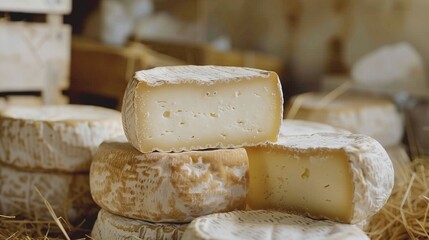 photo of a rustic cheese with the aesthetics of a cheese factory.