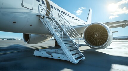 Commercial airplane on tarmac, clear blue sky, bright sunlight, no clouds, passenger boarding stairs attached to aircraft door, white plane exterior, jet engine visible.