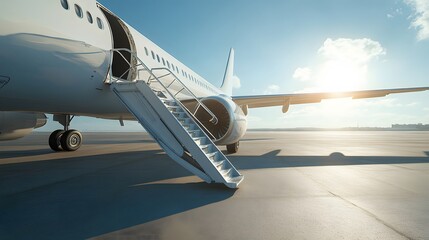 Commercial airplane on tarmac, clear blue sky, bright sunlight, no clouds, passenger boarding stairs attached to aircraft door, white plane exterior, jet engine visible.