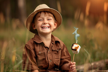 cute little boy scout grilling marshmallow in summer park or forest