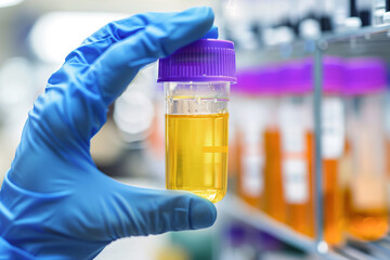 biochemical analysis or doping test concept, hand in blue glove holding urine test in plastic tube