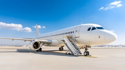 Commercial airplane on tarmac, clear blue sky, bright sunlight, no clouds, passenger boarding stairs attached to aircraft door, white plane exterior, jet engine visible.