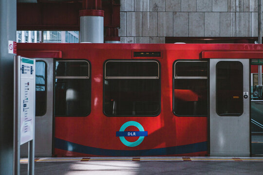 A Docklands Light Railway (DLR) train at Canary Wharf station in London, England