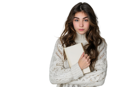 Young brunette woman holding a book, dressed in cozy sweater, intellectual look, isolated on white background