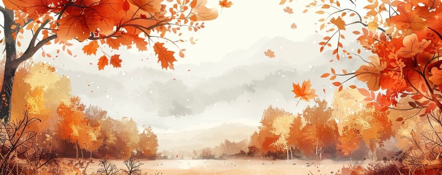 Vector illustration of a postcard with an autumn theme. Bright orange and yellow leaves on the edges and empty space for text.