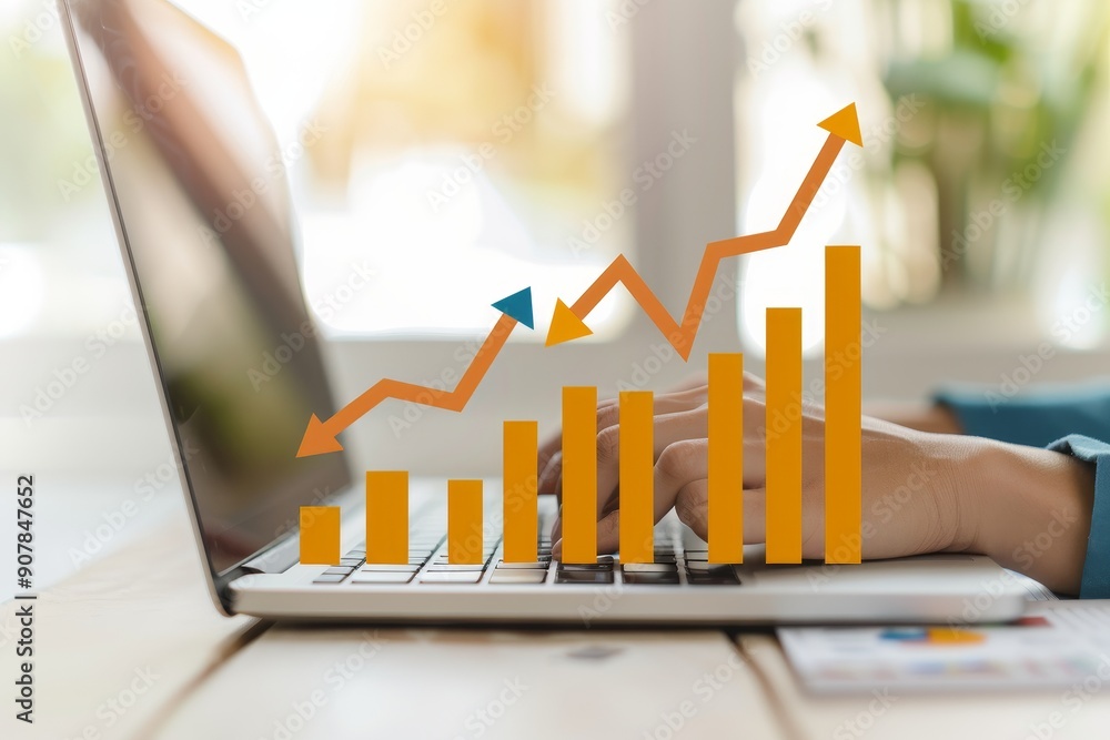 Poster digital background featuring arrows pointing upwards with a business person typing on a laptop