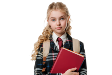 Young blond girl in school uniform, holding books, looking studious, isolated on white background