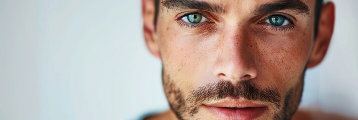 Fototapeta premium Close up portrait of a stylish young man with stubble staring confidently at the camera Satisfied male customer with striking green eyes following successful optical eye correction surgery