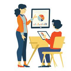 Scenario 1 Woman presenting data chart screen seated colleague tablet possible Asian, female, office, meeting, collaboration. Vector illustration modern flat style, isolated white background