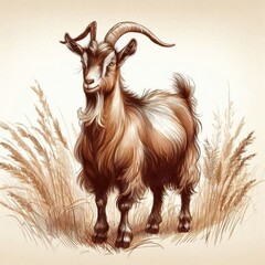 Fototapeta premium Cow on a farm hand drawin watercolor illustrations, cow, goats, cattle, domestic animals, farm, nature, landscape, beautiful place mill drawing, village, field, land, harvest, graphics