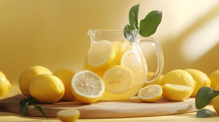 Glass pitcher of fresh lemonade, sliced lemons, whole lemons, green leaves, wooden cutting board, pale yellow background, soft natural lighting, condensation on glass.