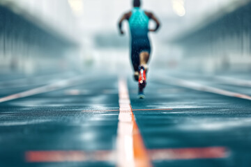 Fototapeta premium Athlete Running on a Wet Track in the Rain, Focus on Motion and Speed, Blurred Background for Dynamic Effect
