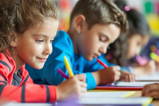 An elementary school class with students actively working on assignments