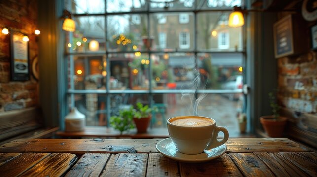A cozy coffee shop with a steaming cup of cappuccino on a wooden table and a rainy street view through the large window.