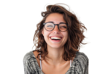 Woman with eyeglasses laughing joyfully Isolated on white background