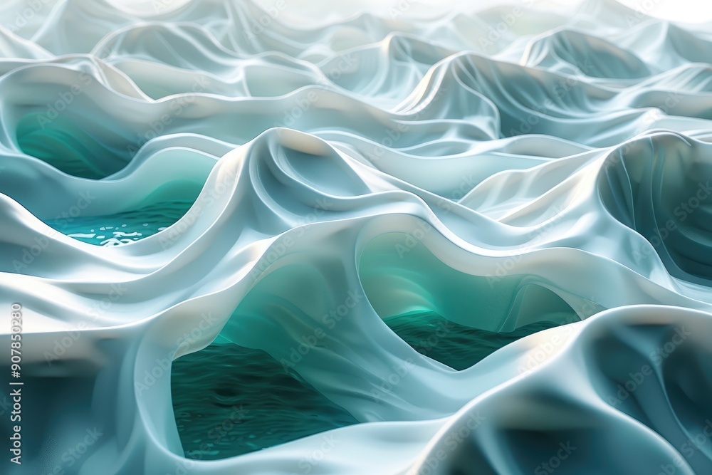 Poster abstract 3d rendering of wavy, fluid-like forms resembling surreal, translucent fabric gently undula