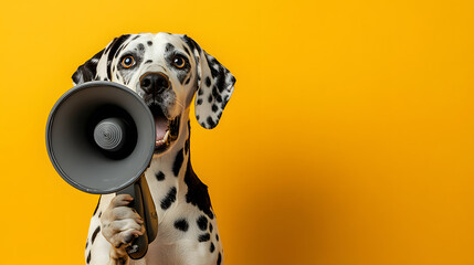 A lively Dalmatian dog gripping a megaphone against a vibrant yellow background, perfect for marketing promotional and announcement purposes