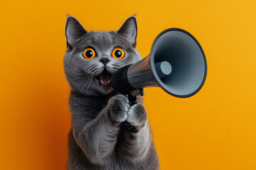 A fun and energetic image featuring a cute cat with a megaphone with a vibrant background, perfect for announcements and marketing promotions