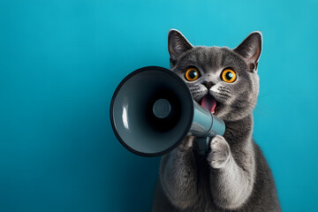 A fun and energetic image featuring a cute cat with a megaphone with a vibrant background, perfect for announcements and marketing promotions