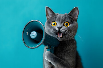 A fun and energetic image featuring a cute cat with a megaphone with a vibrant background, perfect for announcements and marketing promotions