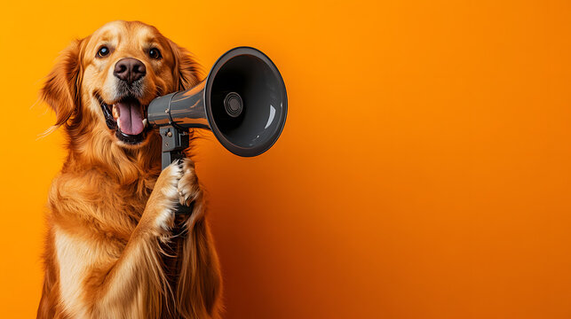 A cute dog holding a megaphone, positioned on the far left of the photo against a yellow background. A fun and energetic image perfect for announcements and promotions.